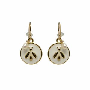 Gold & White Enamel Bee Earrings