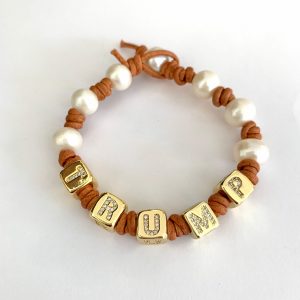 Leather & Pearl Knotted Trump Bracelet - Camel